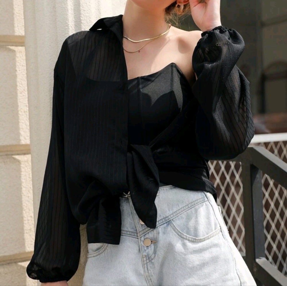 ❄️ 3/$30 Black Sheer Flowy Long Collar Button-Up Blouse Shirt Dress / Duster - Picture 5 of 11